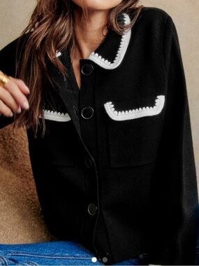 Sezane Black Cardigan with White Trim